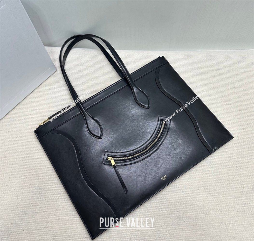 Celine Flat Cabas New Luggage Bag in Glossy Calfskin Leather Black 2026 123963 (BL-260121008)