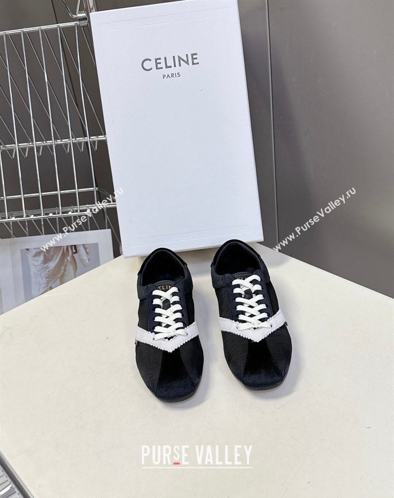 Celine The Flat Sneakers in Gros Grain, Velvet, Suede and Leather Black/White 2026 0227 (MD-260227042)