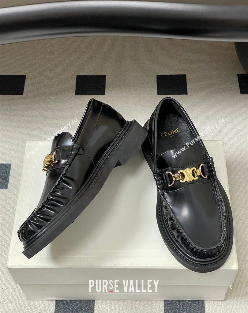 Celine Calfskin Leather Platform Loafers with Logo Chain Black 2026 0227 (MD-260227046)