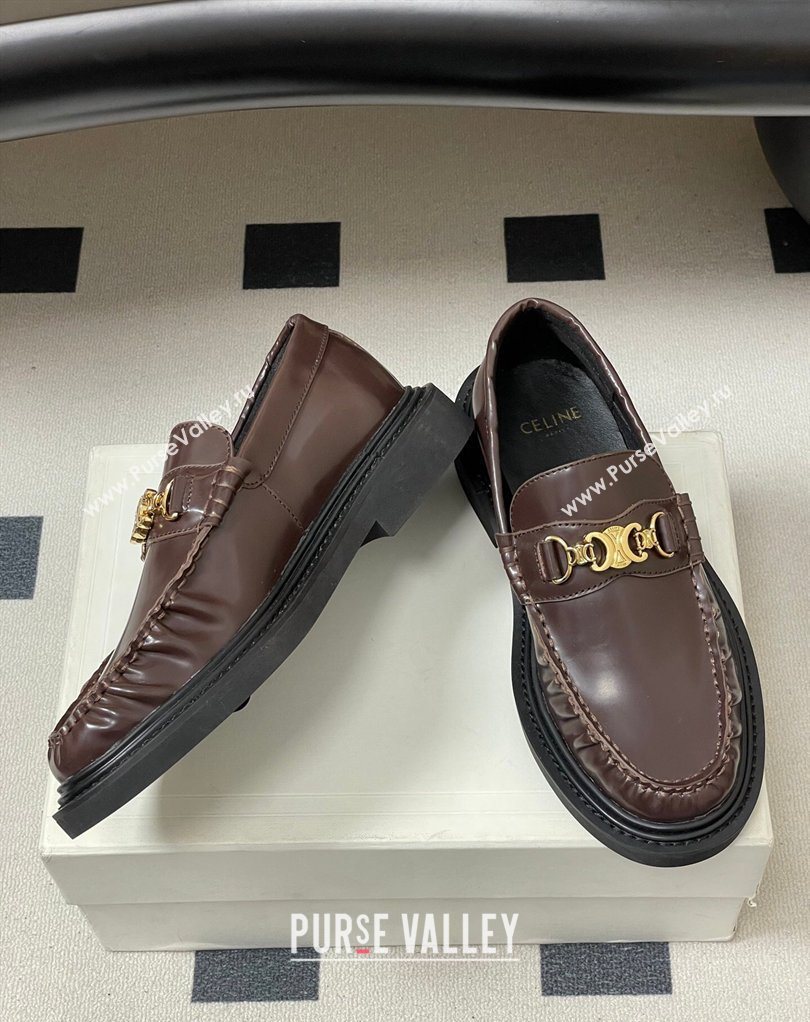 Celine Calfskin Leather Platform Loafers with Logo Chain Dark Brown 2026 0227 (MD-260227047)
