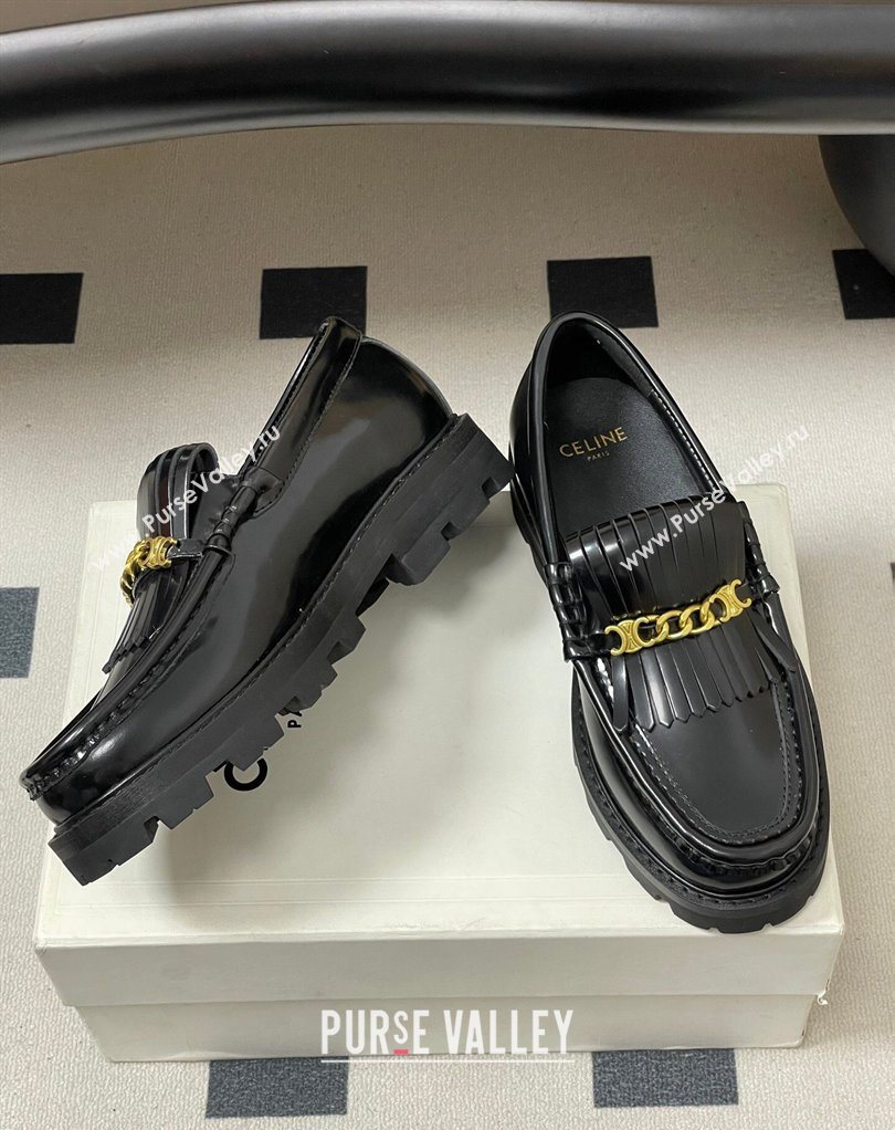 Celine Calfskin Leather Platform Loafers with Chain Fringe Black 2026 0227 (MD-260227048)