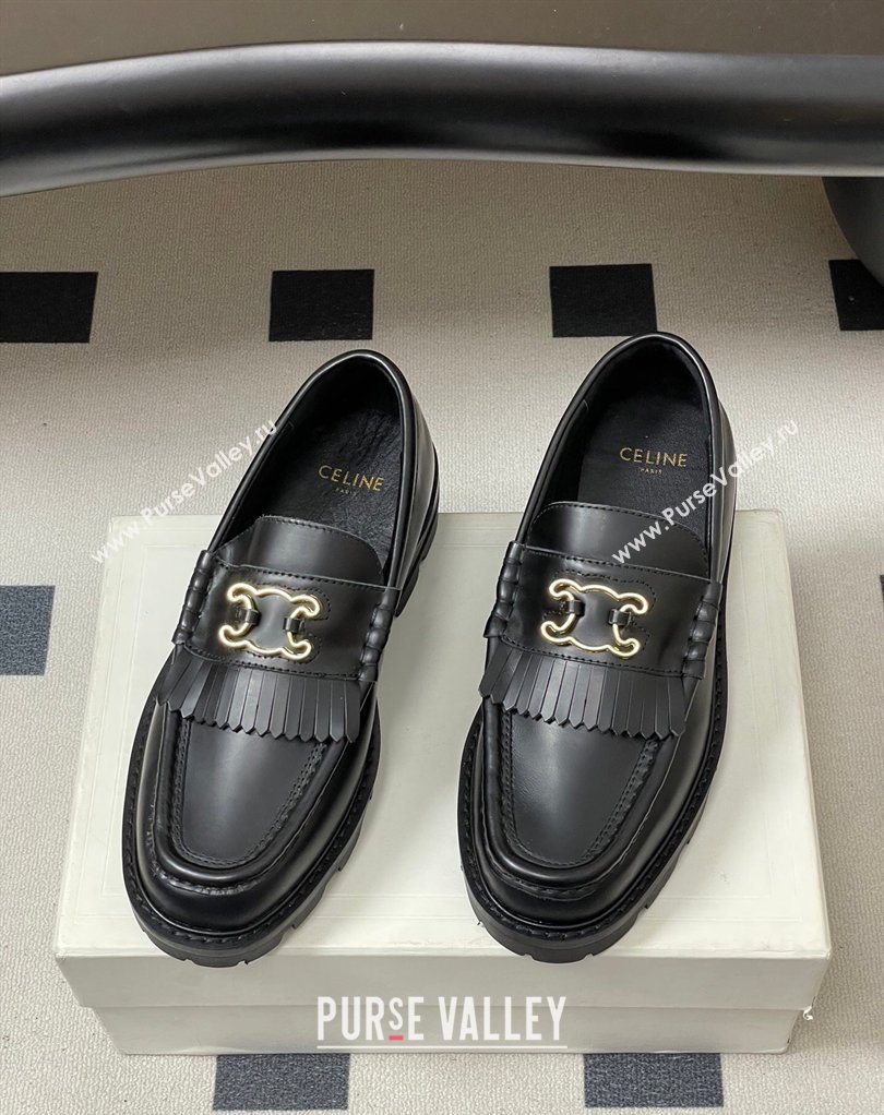 Celine Calfskin Leather Platform Loafers with Logo Fringe Black 2026 0227 (MD-260227049)