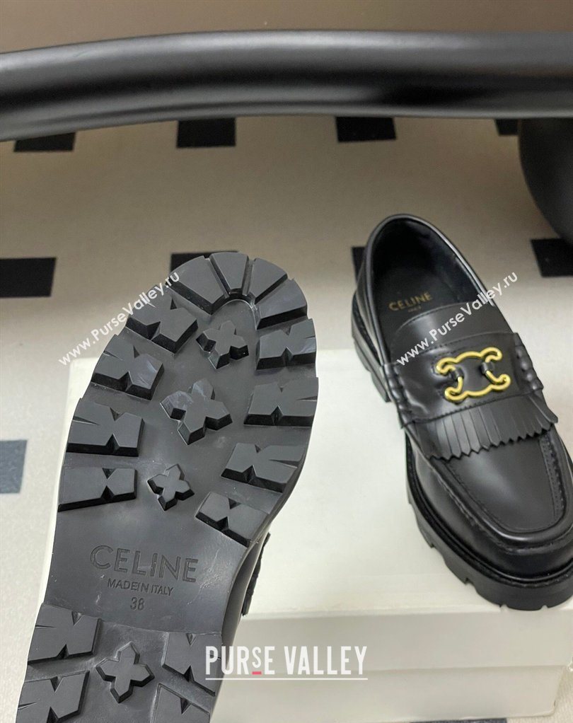 Celine Calfskin Leather Platform Loafers with Logo Fringe Black 2026 0227 (MD-260227049)