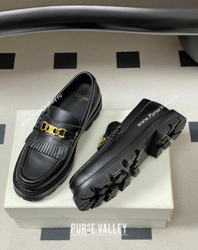 Celine Calfskin Leather Platform Loafers with Chain Fringe Black 2026 0226 (MD-260227050)