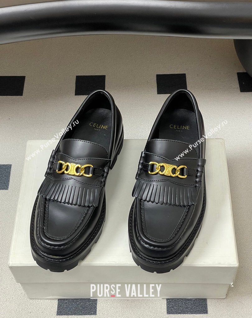 Celine Calfskin Leather Platform Loafers with Chain Fringe Black 2026 0226 (MD-260227050)