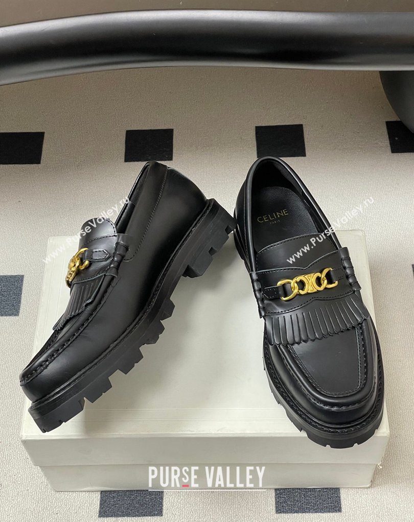 Celine Calfskin Leather Platform Loafers with Chain Fringe Black 2026 0226 (MD-260227050)