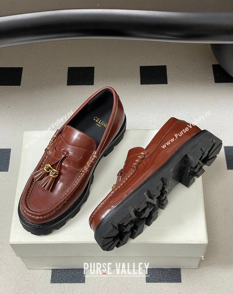 Celine Calfskin Leather Platform Loafers with Tassel Charm Brown 2026 0227 (MD-260227052)