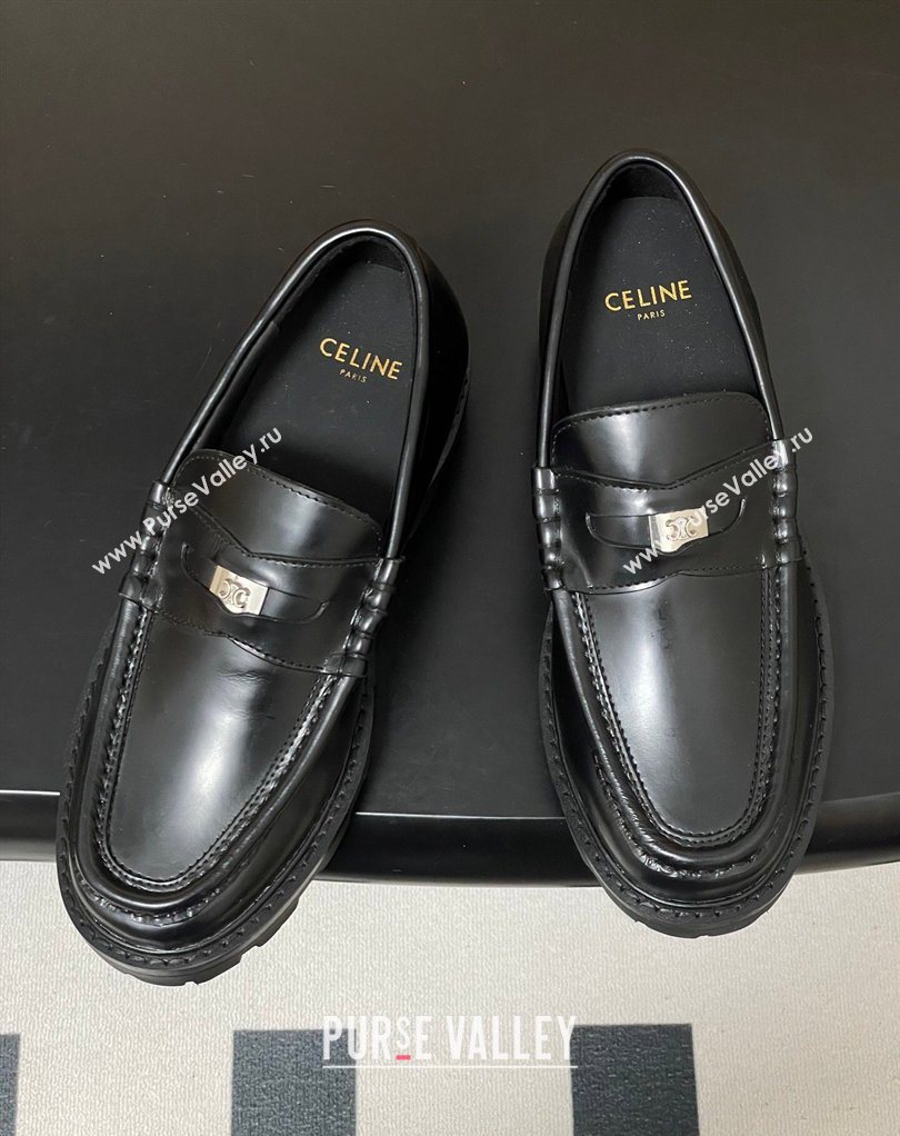 Celine Calfskin Leather Platform Loafers with Logo Tab Black 2026 0227 (MD-260227053)