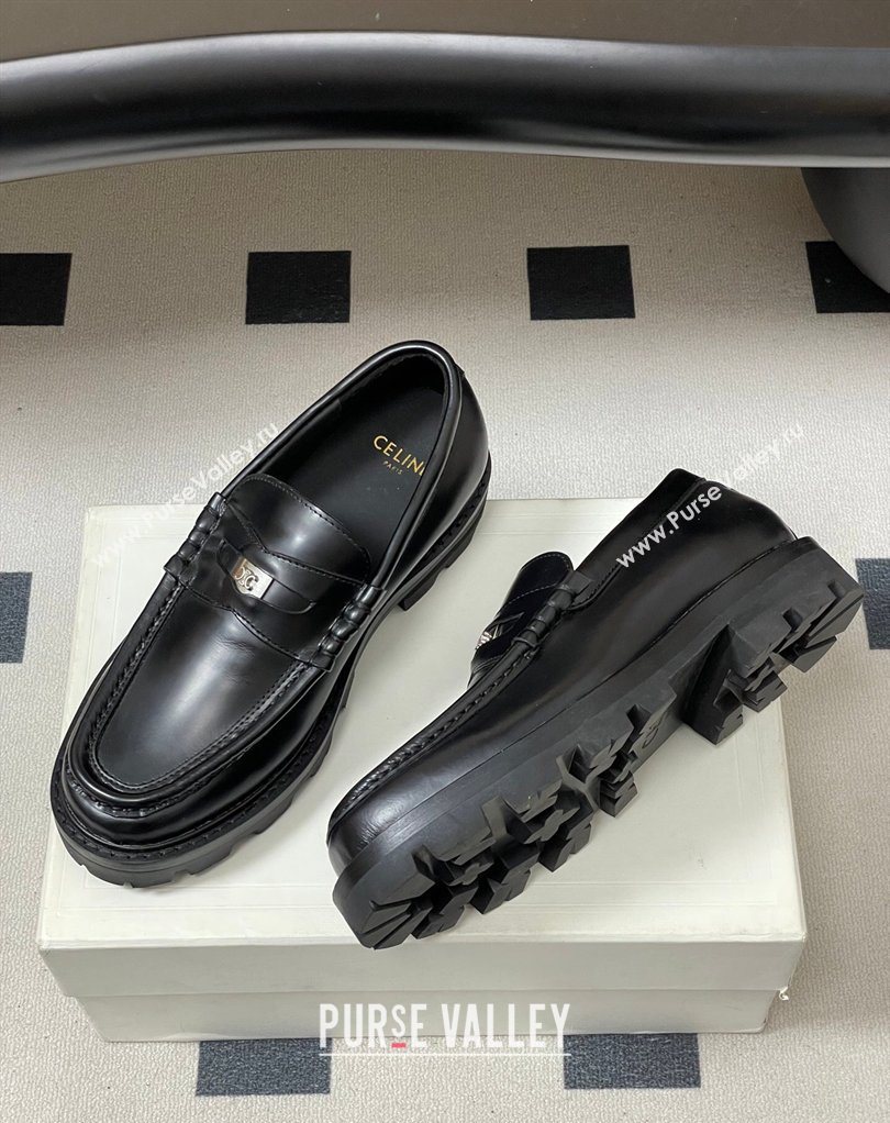 Celine Calfskin Leather Platform Loafers with Logo Tab Black 2026 0227 (MD-260227053)