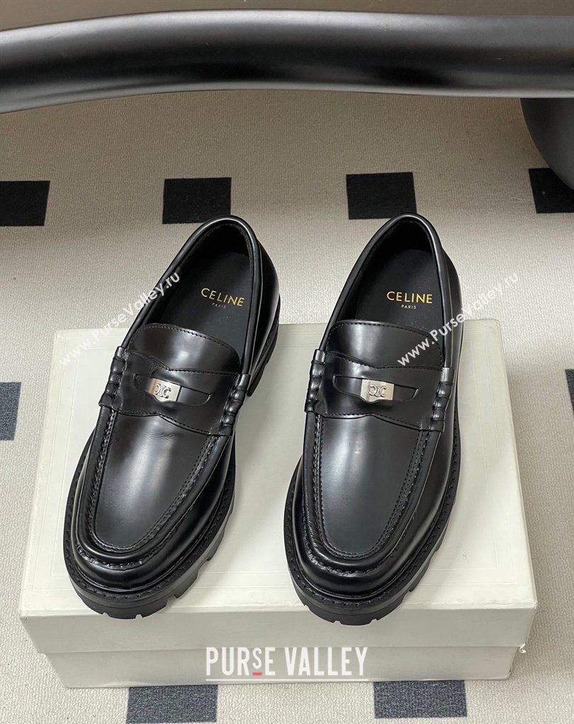 Celine Calfskin Leather Platform Loafers with Logo Tab Black 2026 0227 (MD-260227053)