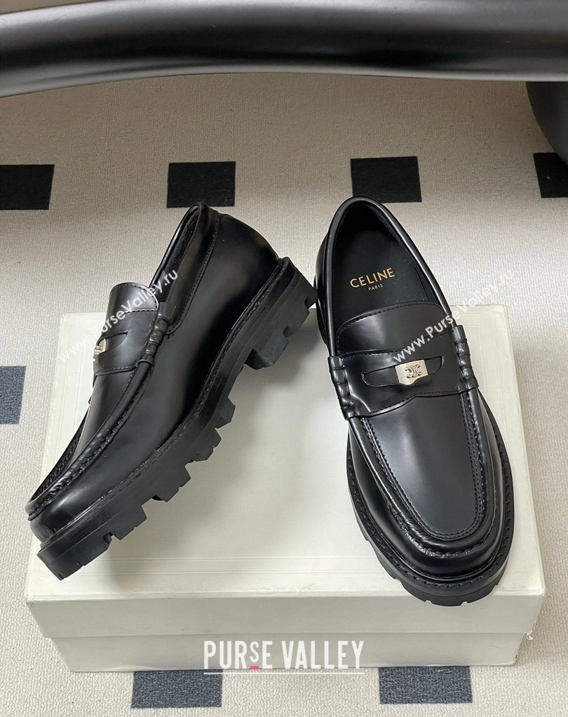 Celine Calfskin Leather Platform Loafers with Logo Tab Black 2026 0227 (MD-260227053)