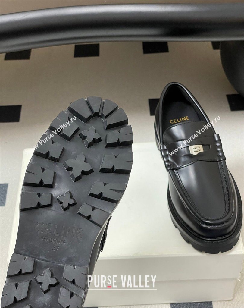 Celine Calfskin Leather Platform Loafers with Logo Tab Black 2026 0227 (MD-260227053)