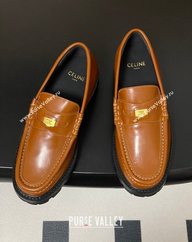 Celine Calfskin Leather Platform Loafers with Logo Tab Brown 2026 0227 (MD-260227054)