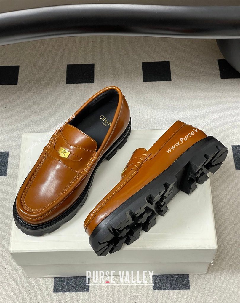 Celine Calfskin Leather Platform Loafers with Logo Tab Brown 2026 0227 (MD-260227054)