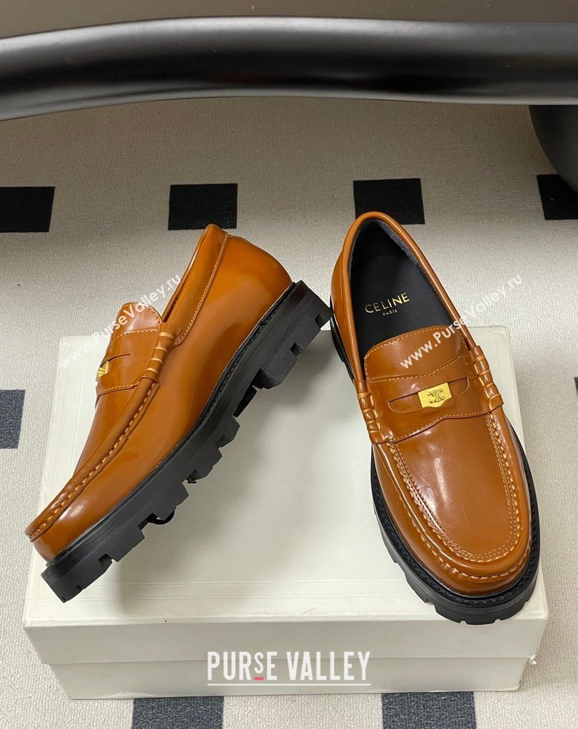 Celine Calfskin Leather Platform Loafers with Logo Tab Brown 2026 0227 (MD-260227054)