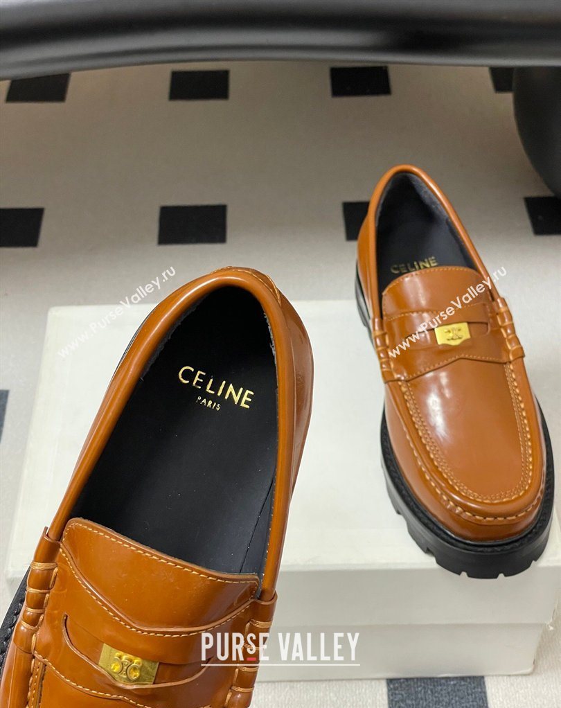 Celine Calfskin Leather Platform Loafers with Logo Tab Brown 2026 0227 (MD-260227054)