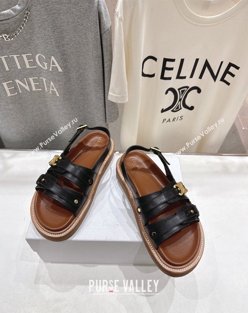Celine Tippi Triomphe Flat Sandals in Calfskin Leather Black 2026 022701 (MD-260227031)