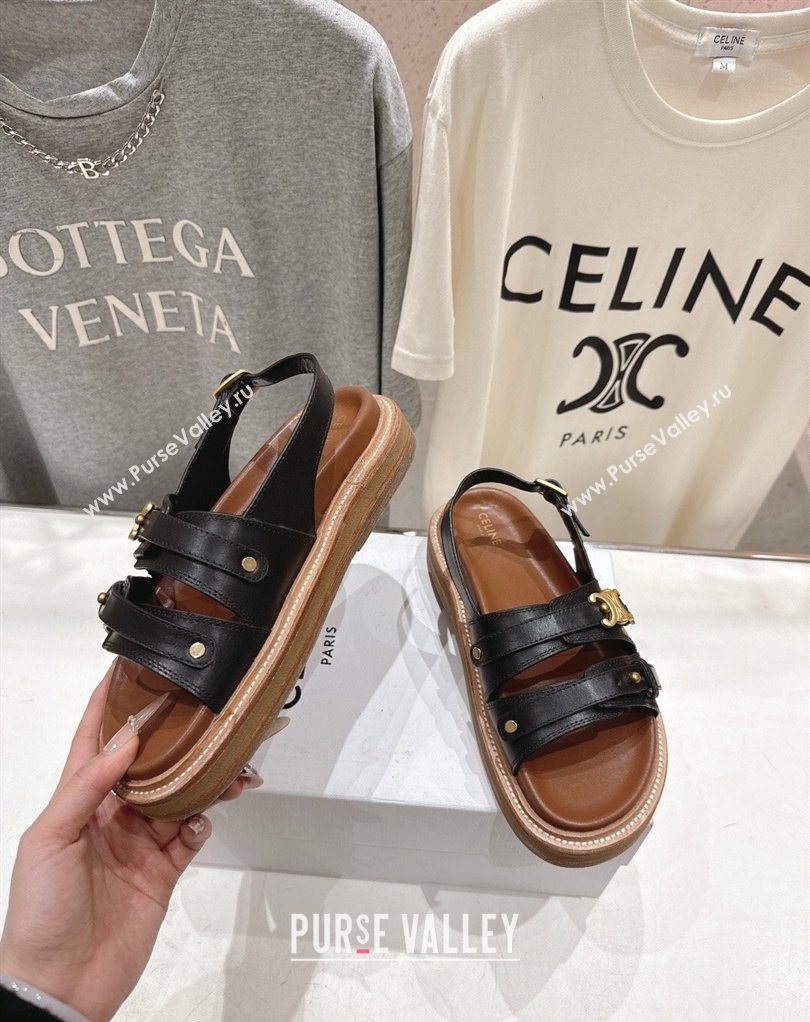 Celine Tippi Triomphe Flat Sandals in Calfskin Leather Black 2026 022701 (MD-260227031)