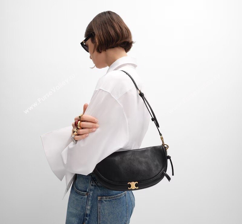 Celine Halfmoon Soft Triomphe Small Bag in Supple Shiny Lambskin 103778 Black 2026 (BL-260411002)