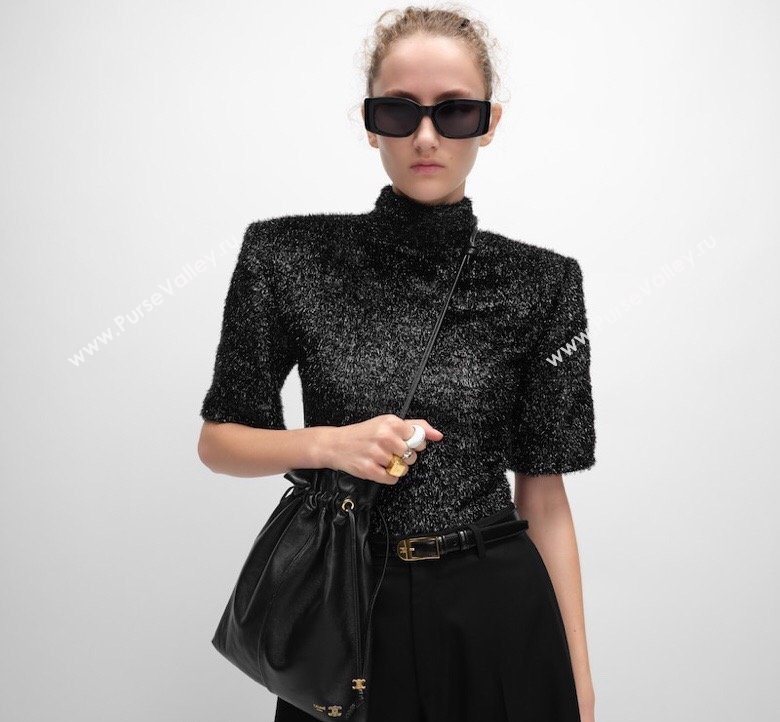 Celine Small Crystal Pouch Bag in Lambskin Leather Black 2026 123662 (BL-260411028)