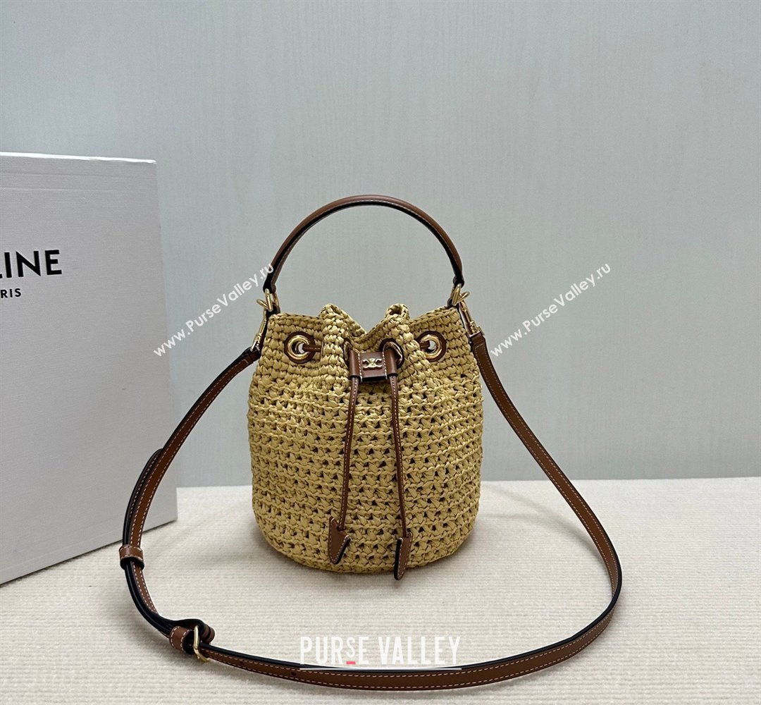 Celine Teen Clara Bucket Bag in Raffia Straw and Calfskin 122622 2026 (BL-260411040)