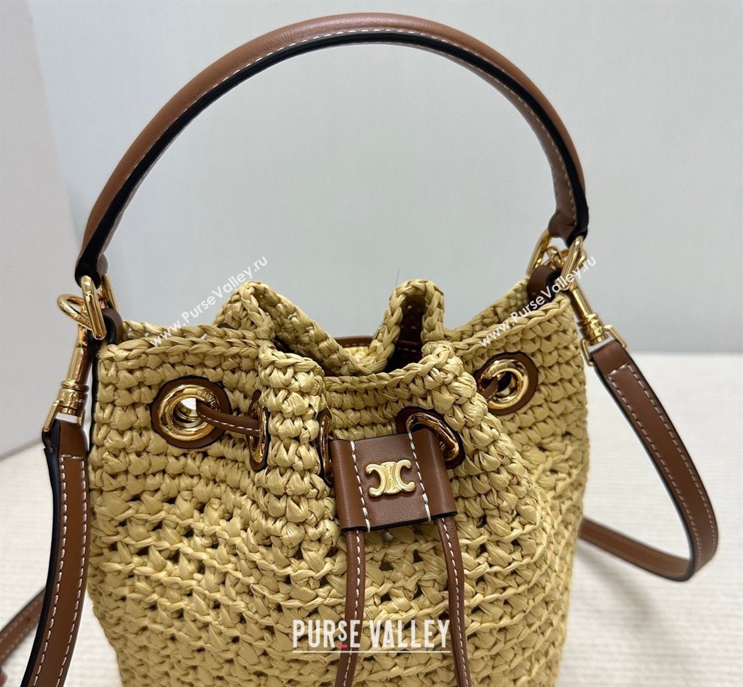 Celine Teen Clara Bucket Bag in Raffia Straw and Calfskin 122622 2026 (BL-260411040)
