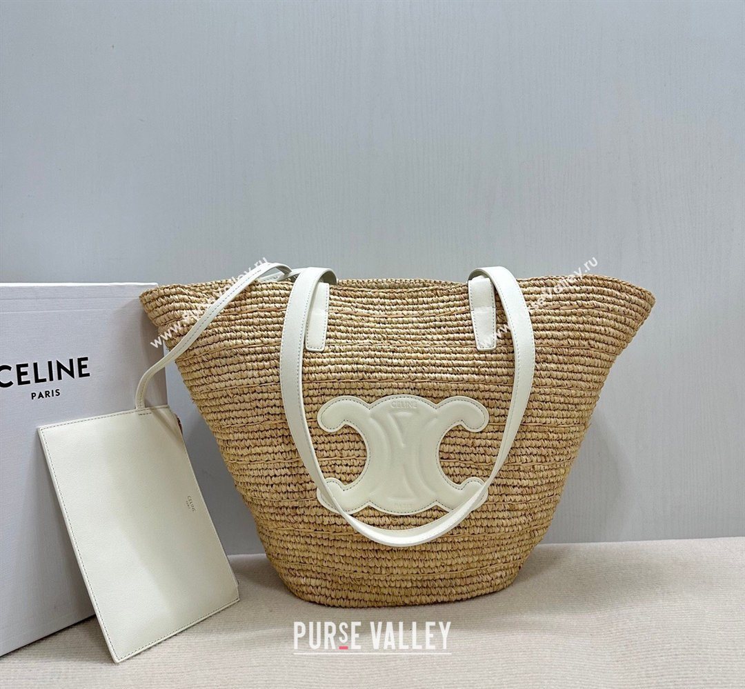 Celine Medium Supple Classic Panier Tote bag in Raffia Straw and Calfskin Beige/White 2026 114342 (BL-260411041)