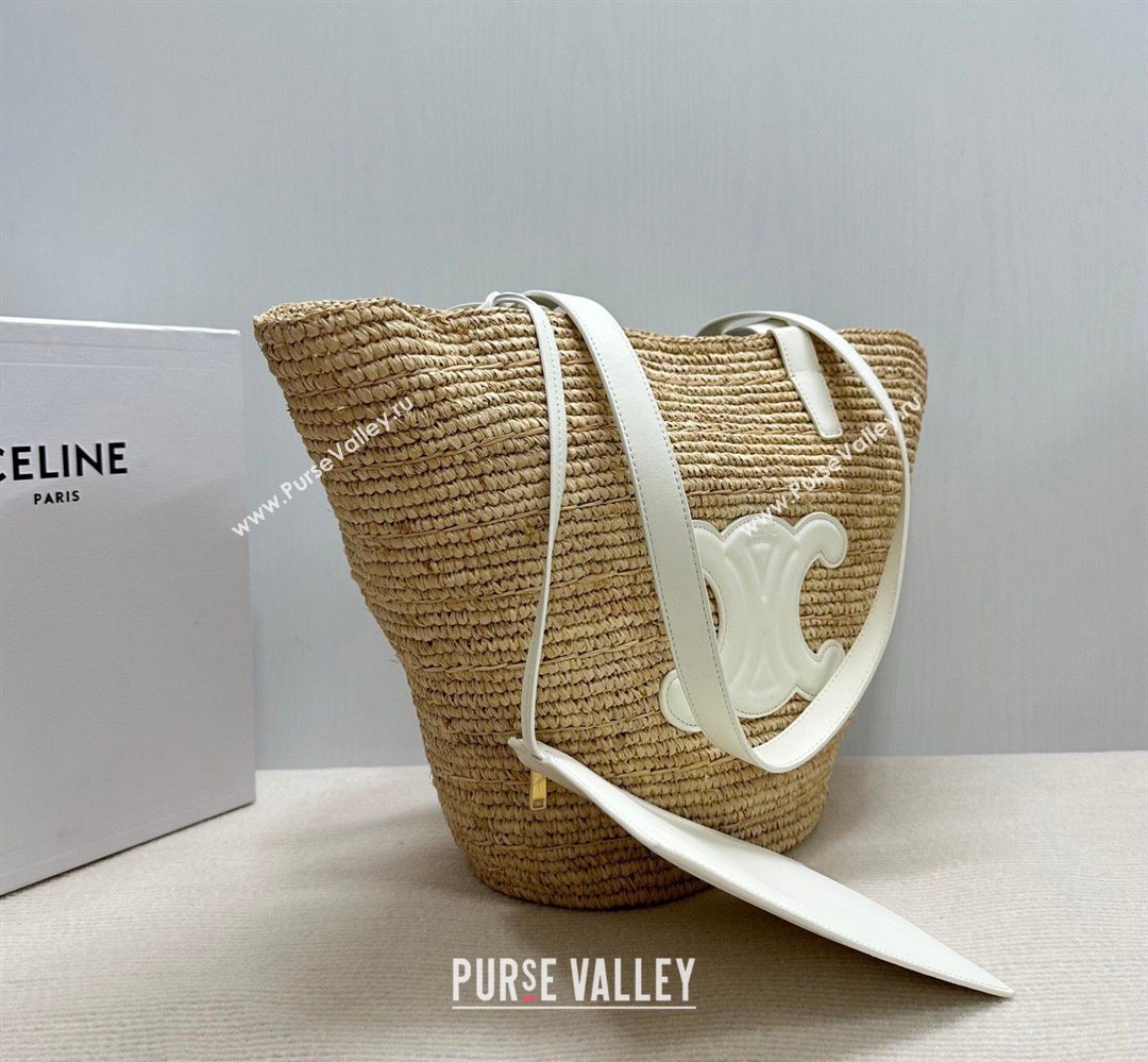 Celine Medium Supple Classic Panier Tote bag in Raffia Straw and Calfskin Beige/White 2026 114342 (BL-260411041)