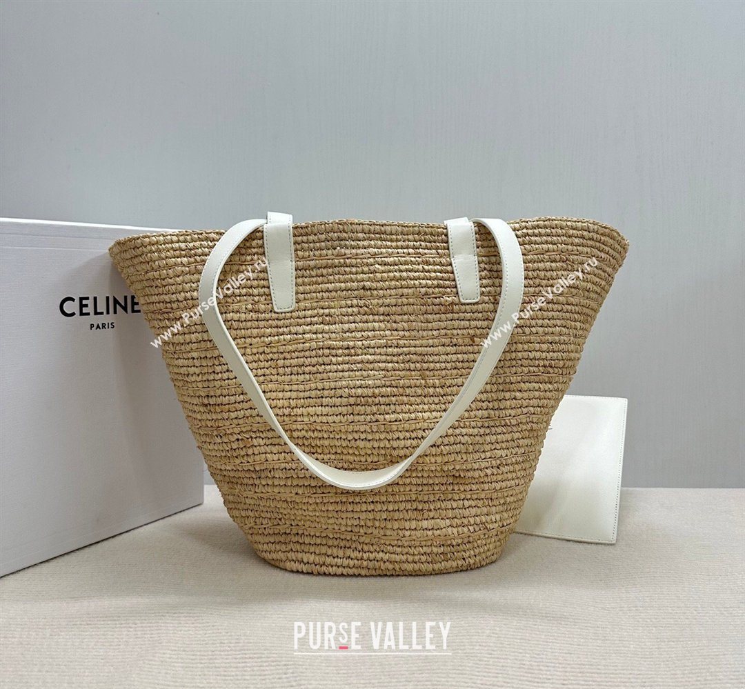 Celine Medium Supple Classic Panier Tote bag in Raffia Straw and Calfskin Beige/White 2026 114342 (BL-260411041)