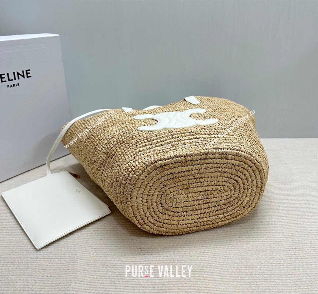Celine Medium Supple Classic Panier Tote bag in Raffia Straw and Calfskin Beige/White 2026 114342 (BL-260411041)