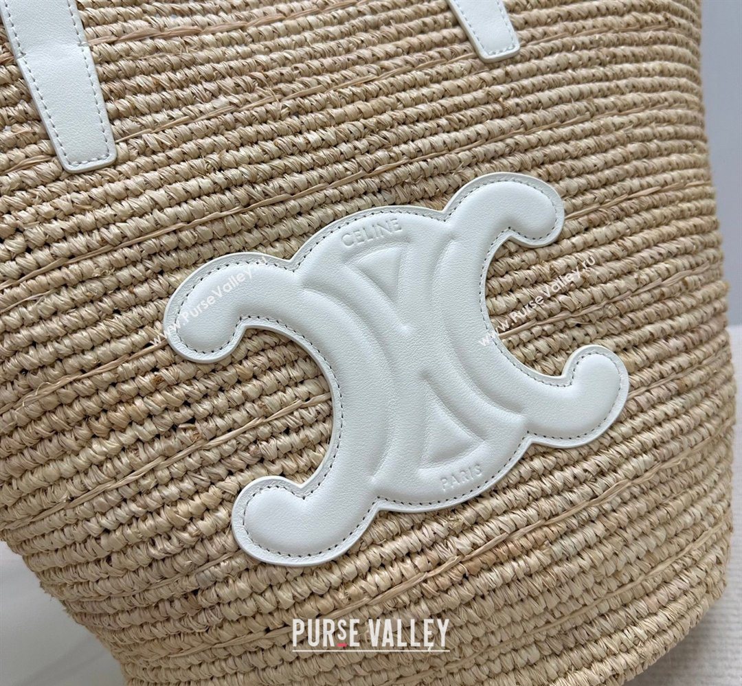 Celine Medium Supple Classic Panier Tote bag in Raffia Straw and Calfskin Beige/White 2026 114342 (BL-260411041)