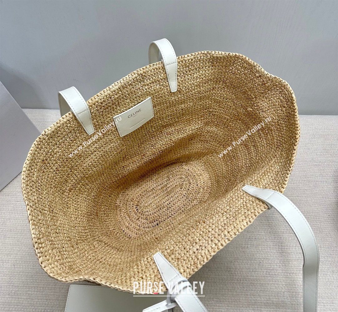 Celine Medium Supple Classic Panier Tote bag in Raffia Straw and Calfskin Beige/White 2026 114342 (BL-260411041)