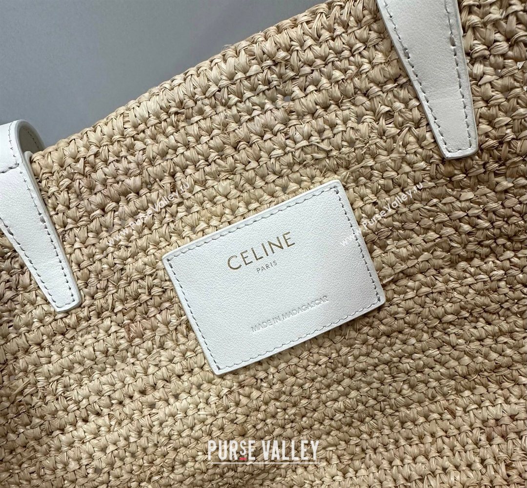Celine Medium Supple Classic Panier Tote bag in Raffia Straw and Calfskin Beige/White 2026 114342 (BL-260411041)