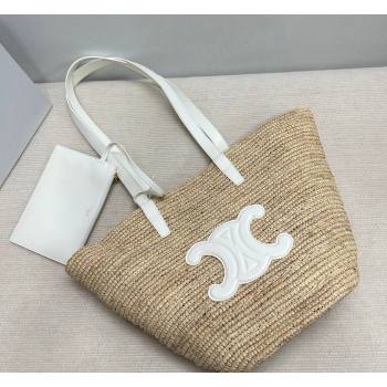 Celine Medium Supple Classic Panier Tote bag in Raffia Straw and Calfskin Beige/White 2026 114342 (BL-260411041)