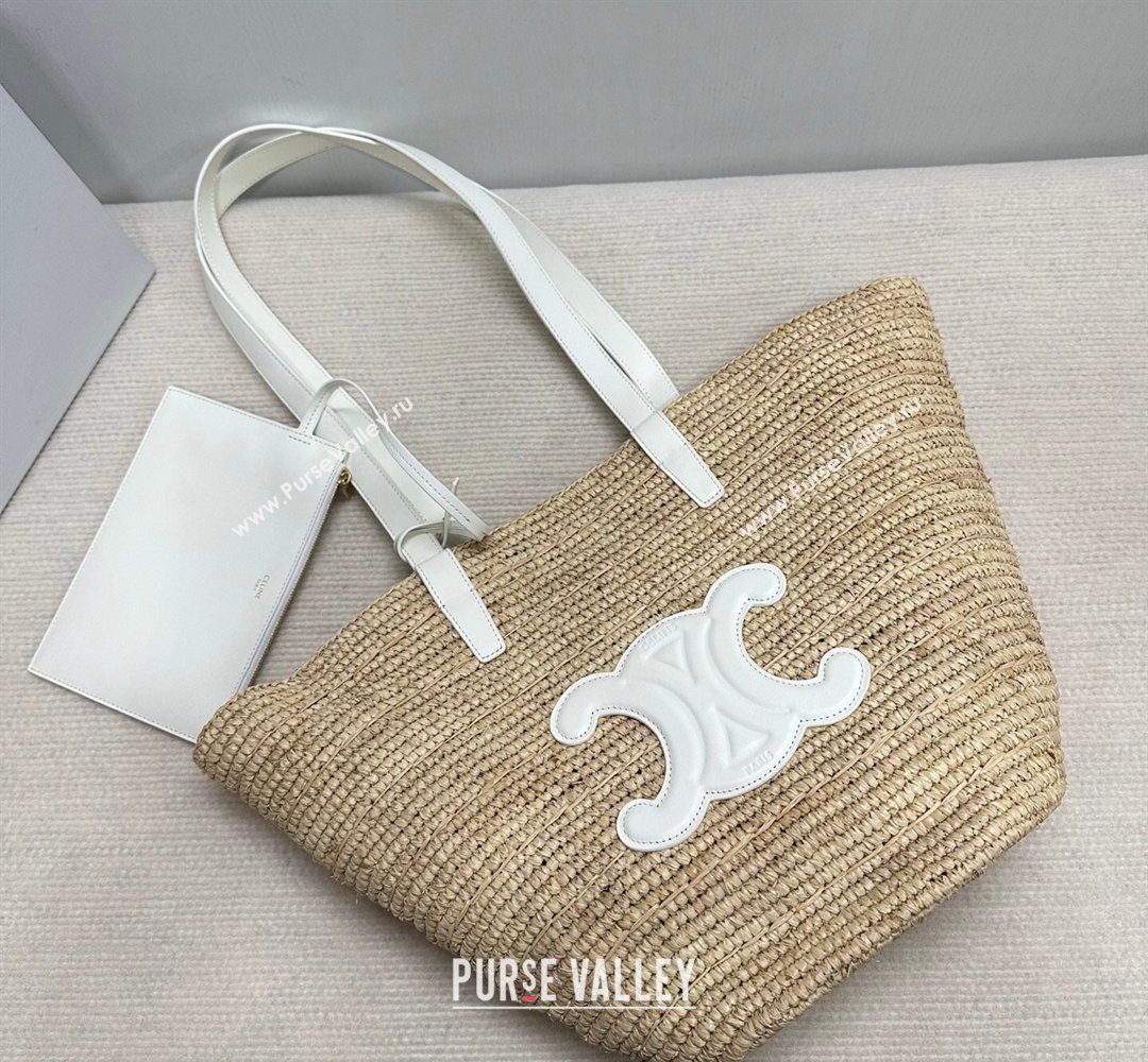 Celine Medium Supple Classic Panier Tote bag in Raffia Straw and Calfskin Beige/White 2026 114342 (BL-260411041)