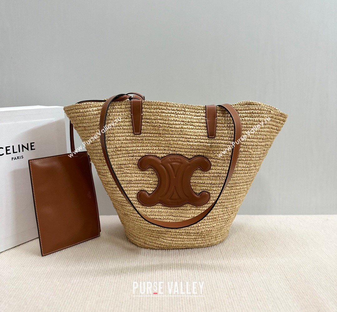 Celine Medium Supple Classic Panier Tote bag in Raffia Straw and Calfskin Beige/Brown 2026 114342 (BL-260411042)