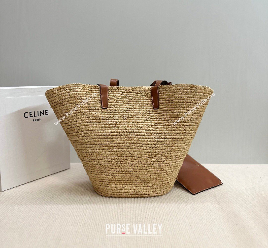 Celine Medium Supple Classic Panier Tote bag in Raffia Straw and Calfskin Beige/Brown 2026 114342 (BL-260411042)