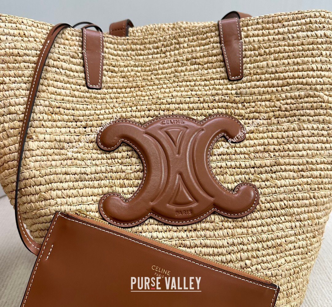 Celine Medium Supple Classic Panier Tote bag in Raffia Straw and Calfskin Beige/Brown 2026 114342 (BL-260411042)