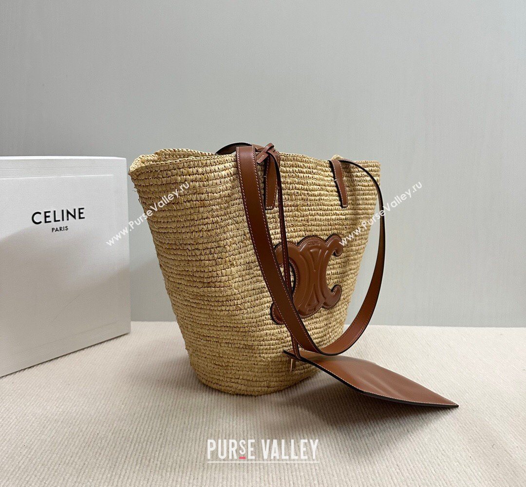 Celine Medium Supple Classic Panier Tote bag in Raffia Straw and Calfskin Beige/Brown 2026 114342 (BL-260411042)