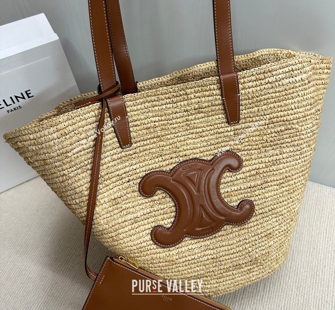 Celine Medium Supple Classic Panier Tote bag in Raffia Straw and Calfskin Beige/Brown 2026 114342 (BL-260411042)