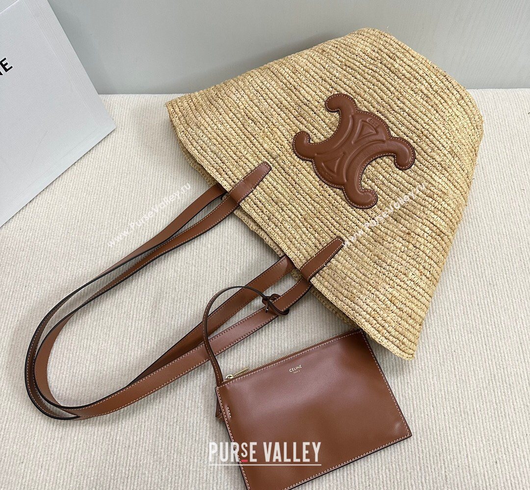 Celine Medium Supple Classic Panier Tote bag in Raffia Straw and Calfskin Beige/Brown 2026 114342 (BL-260411042)