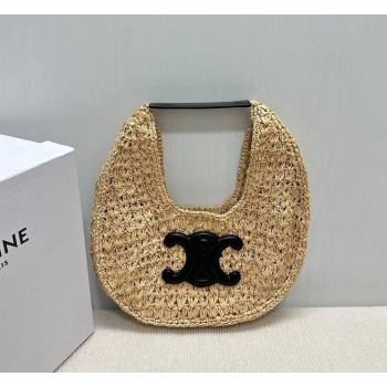 Celine Classic Panier Hobo bag in Raffia Straw and Calfskin Beige/Black 2025 112772 (BL-260411045)