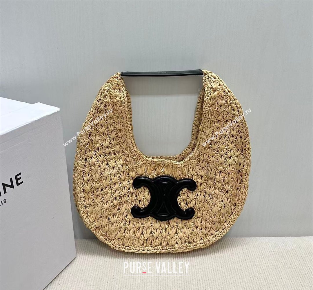 Celine Classic Panier Hobo bag in Raffia Straw and Calfskin Beige/Black 2025 112772 (BL-260411045)