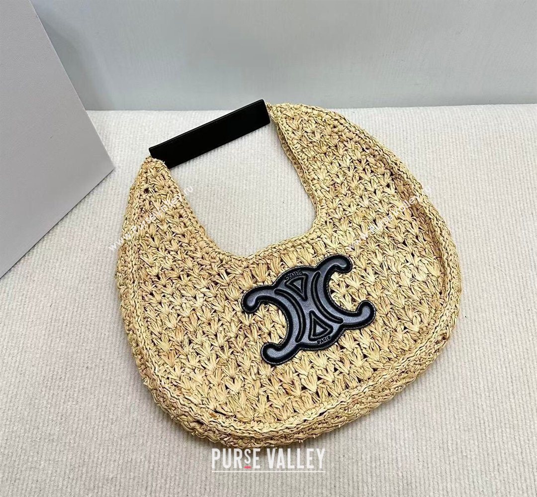 Celine Classic Panier Hobo bag in Raffia Straw and Calfskin Beige/Black 2025 112772 (BL-260411045)