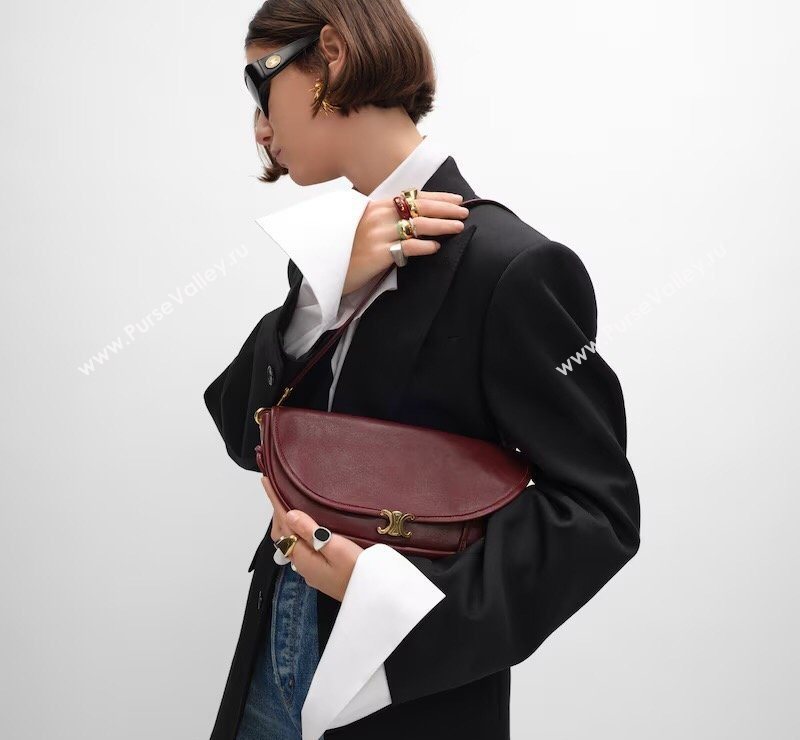 Celine Halfmoon Soft Triomphe Small Bag in Supple Shiny Lambskin 103778 Burgundy 2026 (BL-260411001)