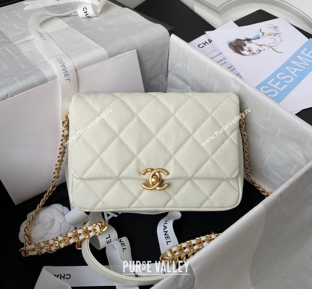 Chanel Grained Calfskin Flap Bag with Double Chain White 2022 (SSZ-22031428)