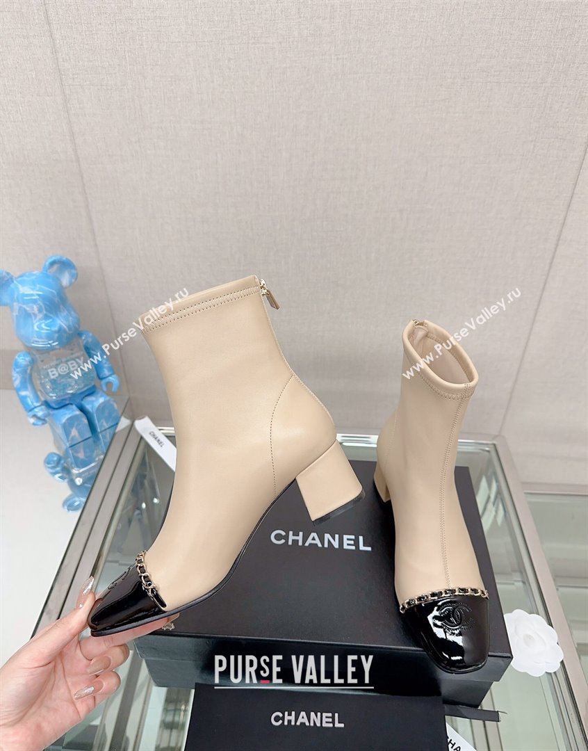 Chanel Lambskin Patent Calfskin Heel Ankle Boots 5cm with Chain Nude 2023 CH09043 (MD-230904050)