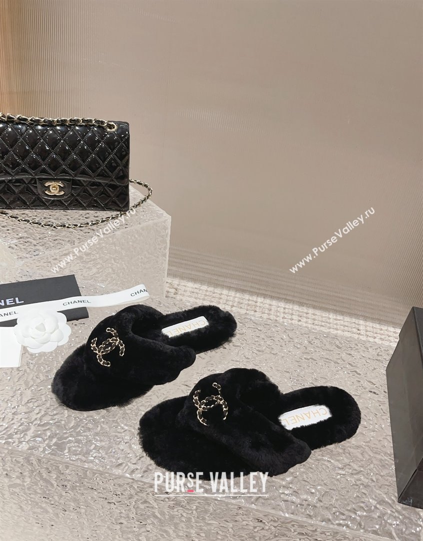 Chanel Shearling Wool Flat Thong Slide Sandals with Chain Black 203 CH091109 (MD-23091133)