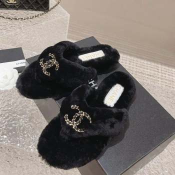 Chanel Shearling Wool Flat Thong Slide Sandals with Chain Black 203 CH091109 (MD-23091133)