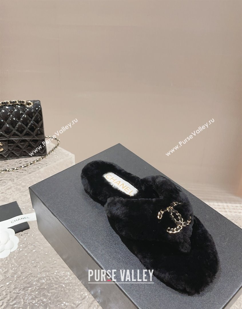 Chanel Shearling Wool Flat Thong Slide Sandals with Chain Black 203 CH091109 (MD-23091133)